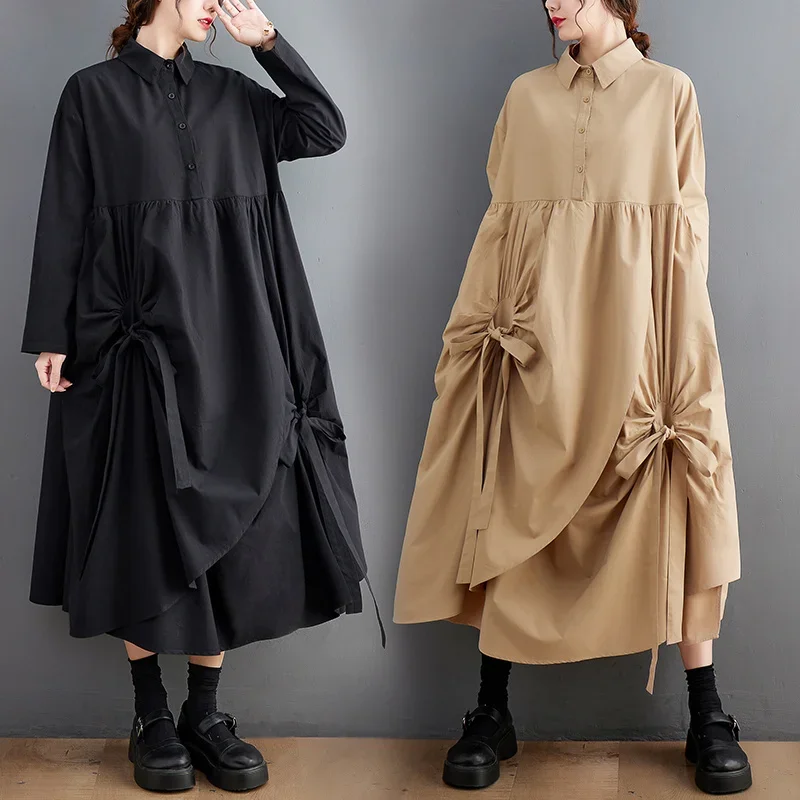 

Harajuku Style Polo Neck Long Shirt Dress for Women, Long Sleeve, Asymmetric Casual Loose Dress, Female Loose Split Joint Dress