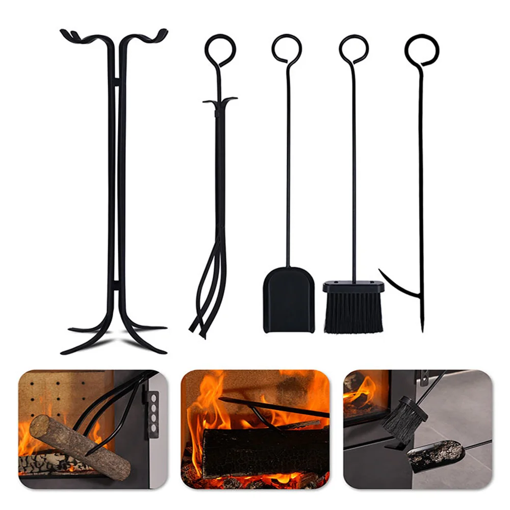 

5Pcs/Set Fireplace Ash Cleaning Tool Set Fireplace Shovel Christmas Tongs Iron Art Oven Tool Set Fireplace Tool Set