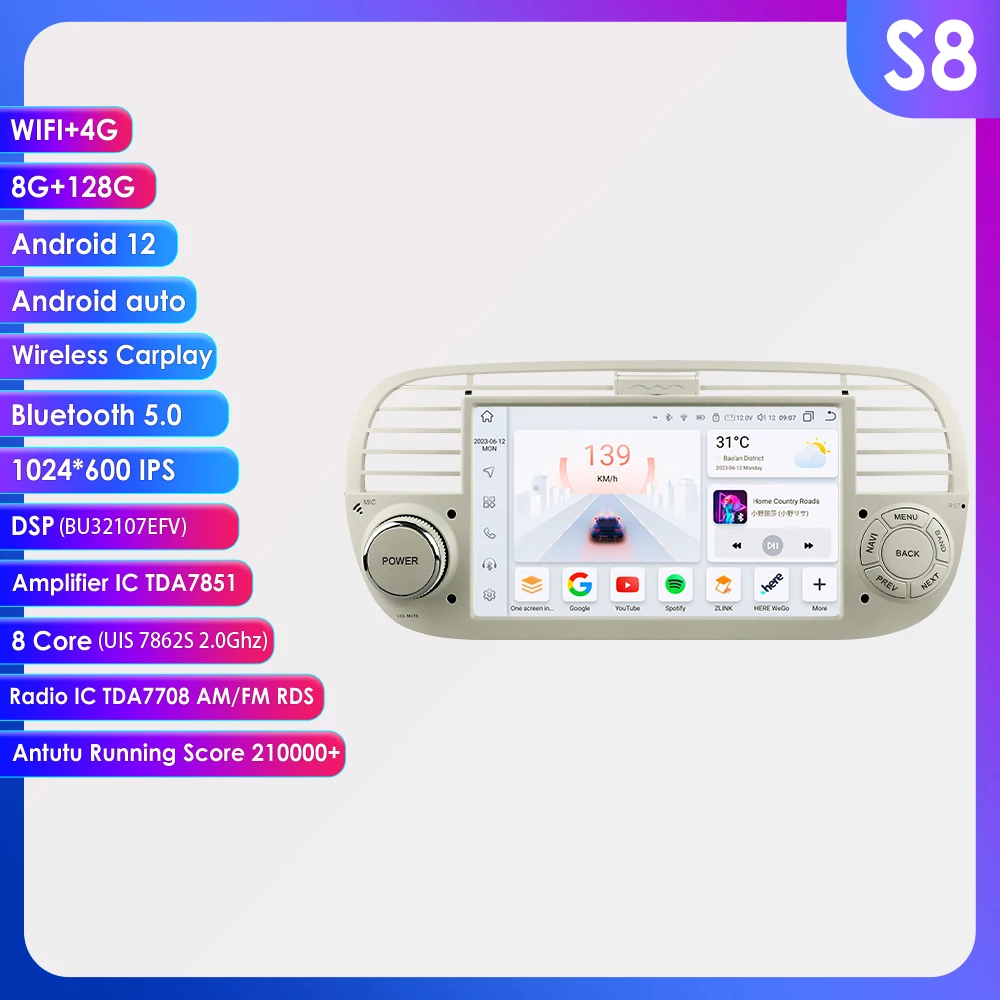 Autoradio Android Pour Fiat 500 2007-2015 – Écran Tactile 7 Pouces, 2Go+64Go, CarPlay/Android Auto Sans Fil | GPS, WiFi, Bluetooth, Caméra De Recul | Compatible Commandes Au Volant