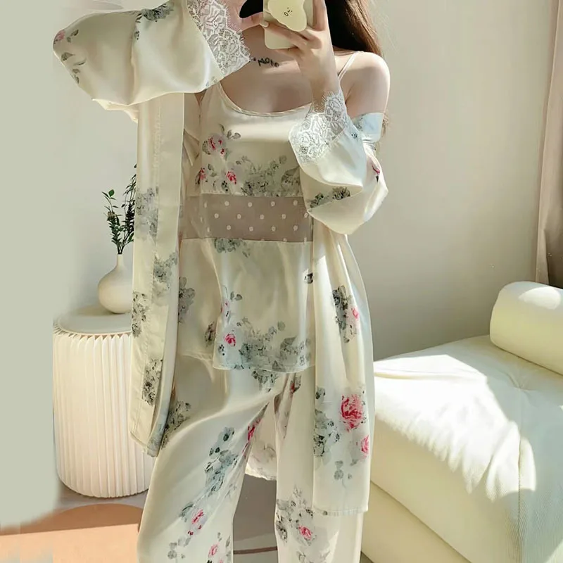 

Sexy Hollow Out Lace Cami&pant&robe Satin Kimono Sleepwear Women Pajamas Suit Homewear Summer New Pyjamas Nightgown Lingerie