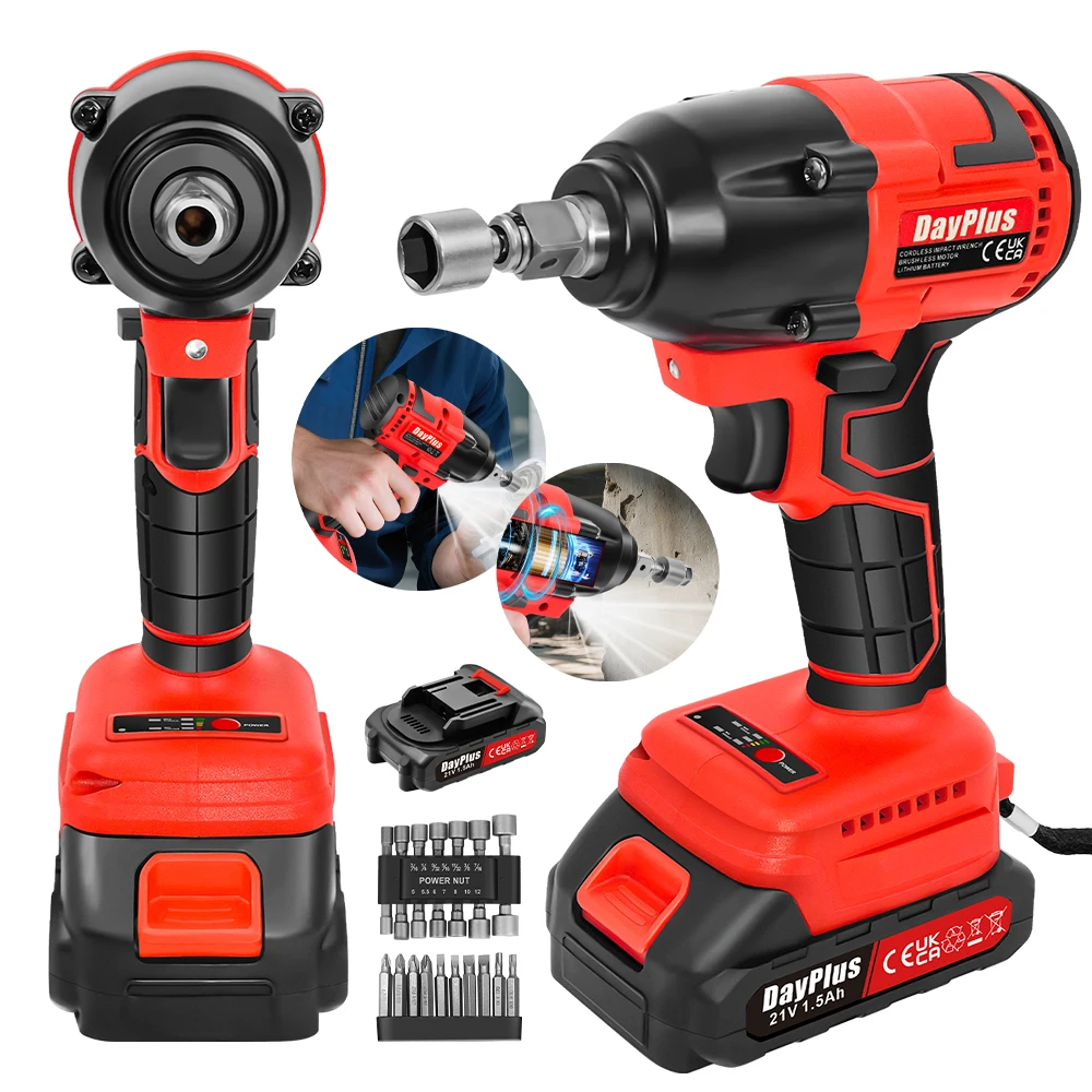 21V Cordless Impact Wrench 1/2Inch Driver, 450 N.m High Torque Brushless Power Impact Gun with 1.5Ah Battery,for Car, Home
