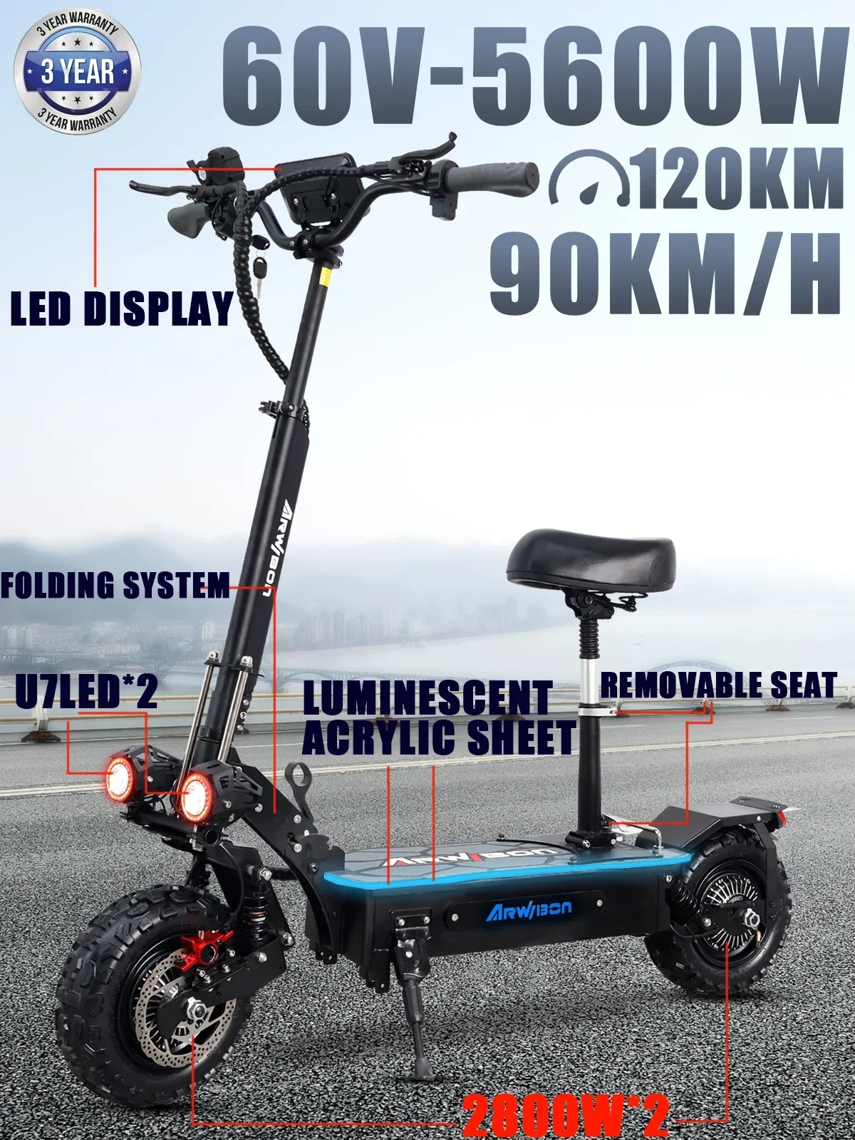 Electric Scooter 5600W 60V 85km/H Adult Smart Shock Anti-slip Folding Electric Scooter 120km Electric Q06Pro New Upgraded Scooter