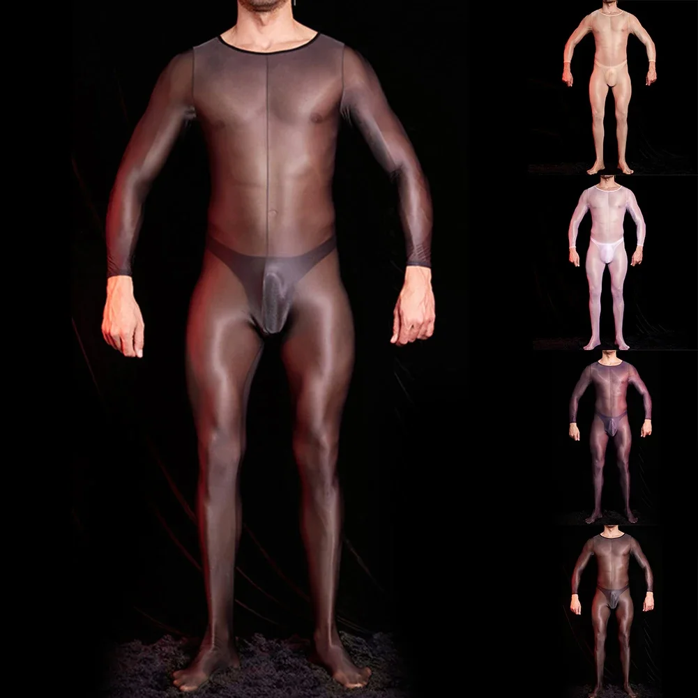 Men Polyester Long Sleeve Skin Sport Fitness Stretchy Bodysuit Underwear Bodystocking Crotchless