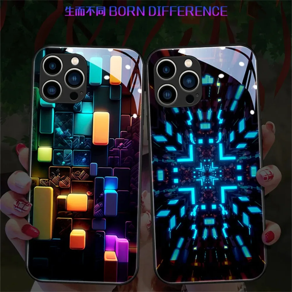 

Pretty Colored Bricks Design Smart LED Light Glow Tempered Glass Phone Case For iPhone 15 14 13 12 11 Pro Max X XR XS SE2020