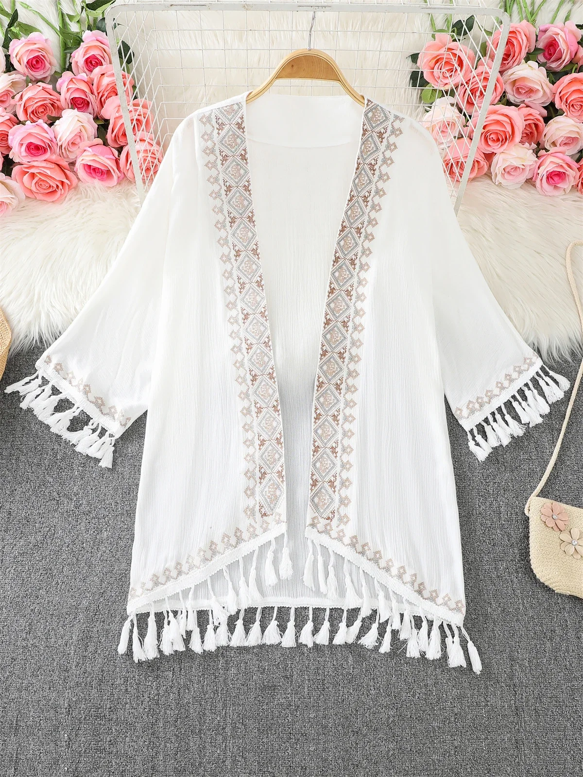 

Bohemian Cardigans Retro Ethnic Style Embroidered Jacket Women Medium Length Tassel Vacation Sunscreen Coat Summer Dropshipping