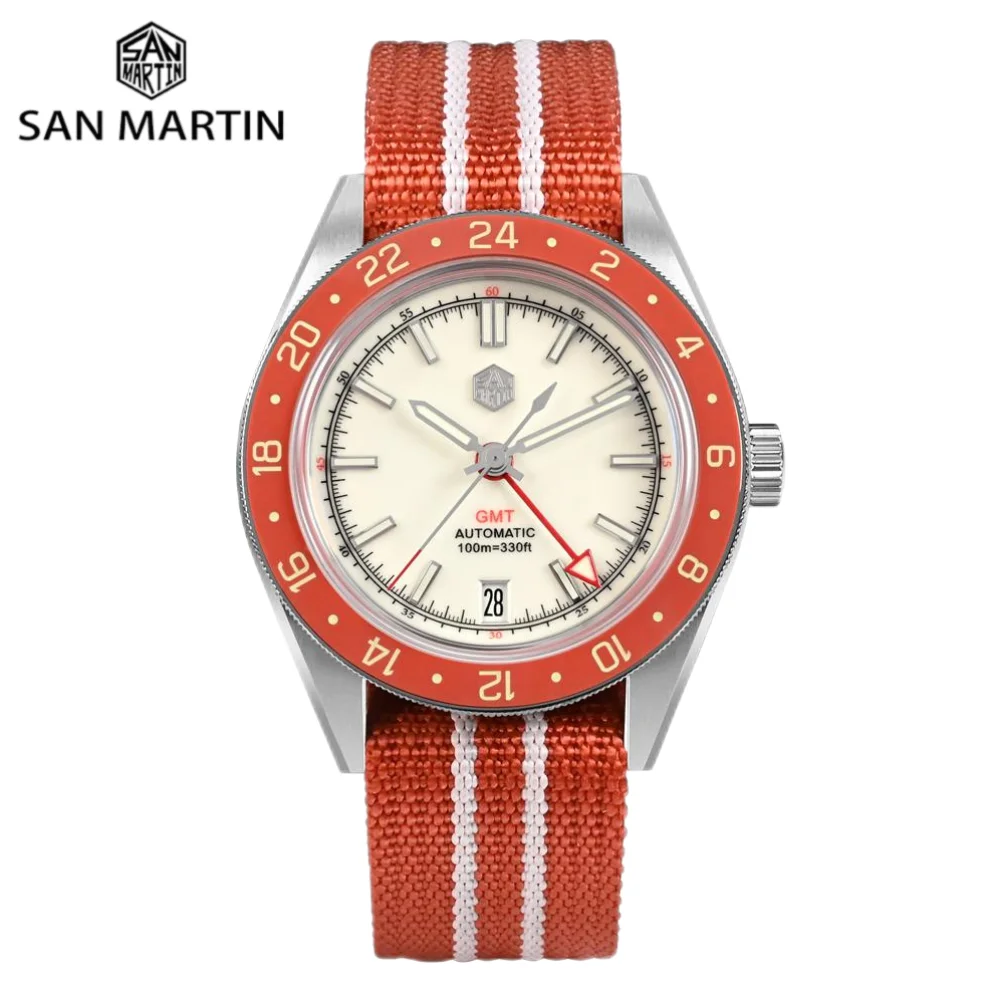 San Martin 39.5Mm Limited Edition Full Dial Lume Coated Nh34 Gmt Automatic Mens Watch 6H Date 10Bar Luxury Kol Saati Sn0116W
