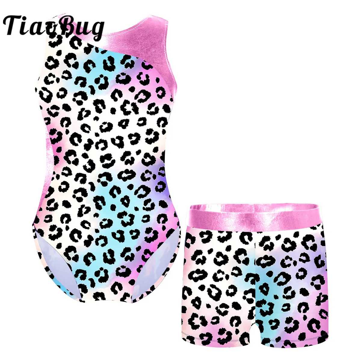 

Kids Girls Leopard Print Ballet Dance Sets Gymnastics Workout Sleeveless Leotard Skating Bodysuit Jumpsuit with Shorts Outfits
