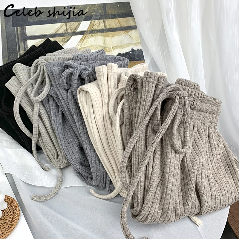 

New Chic Autumn Wool Knit Pants Woman High Waist Apricot Khaki Loose Straight Leg Pant Female Korean Winter Street Trousers Mom