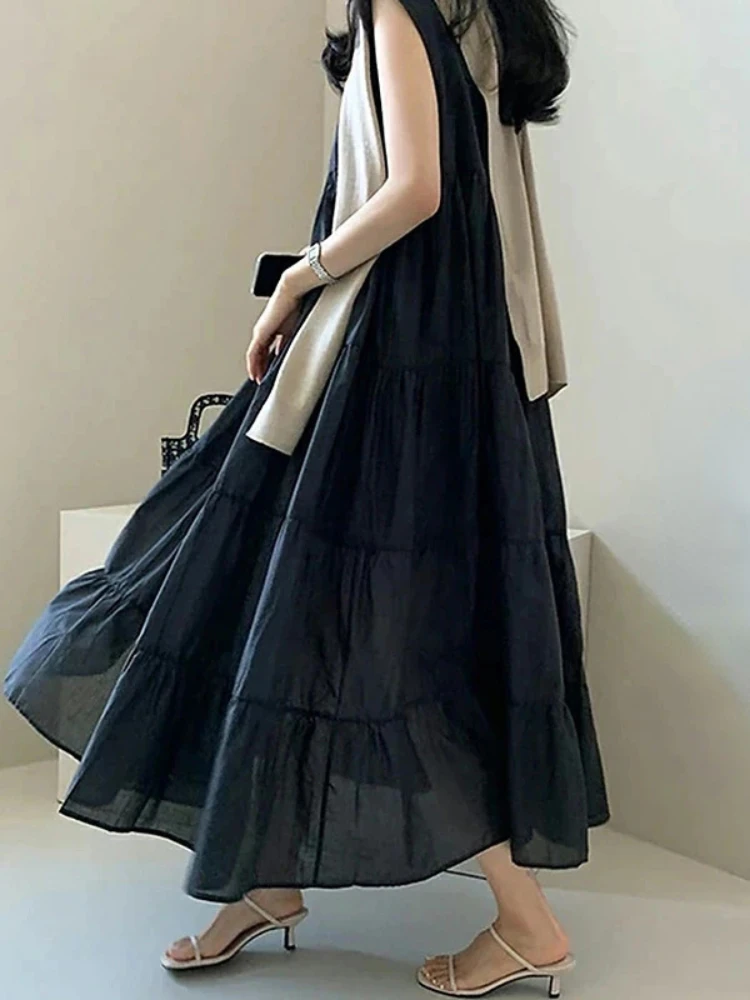 

HOUZHOU Chiffon Ruffle Patchwork Long Dress Woman Korean Summer Solid Sleeveless O-Neck Loose Casual Vest Dress Office Lady Robe