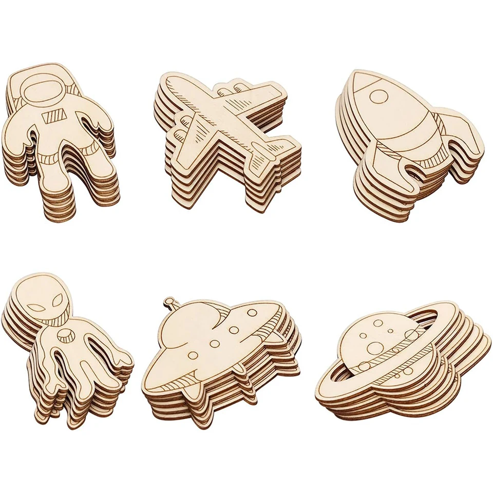 Set Creativo 37 Pezzi: Razzi E Forme Spaziali In Legno Da Decorare – Con Matite Acquerellabili E Adesivi, Ideale Per Bambini - 3