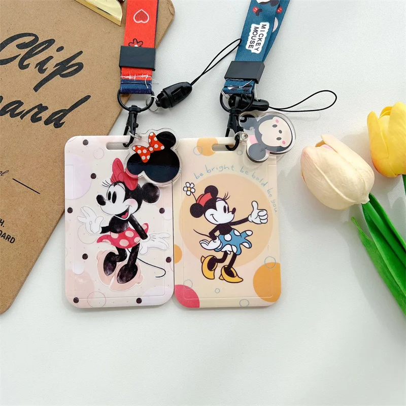 디즈니 애니메이션 자격 증명 배지 홀더 카와이 미키 마우스 지하철 카드 소지자 미니 학생 캠퍼스 매는 밧줄 카드 홀더