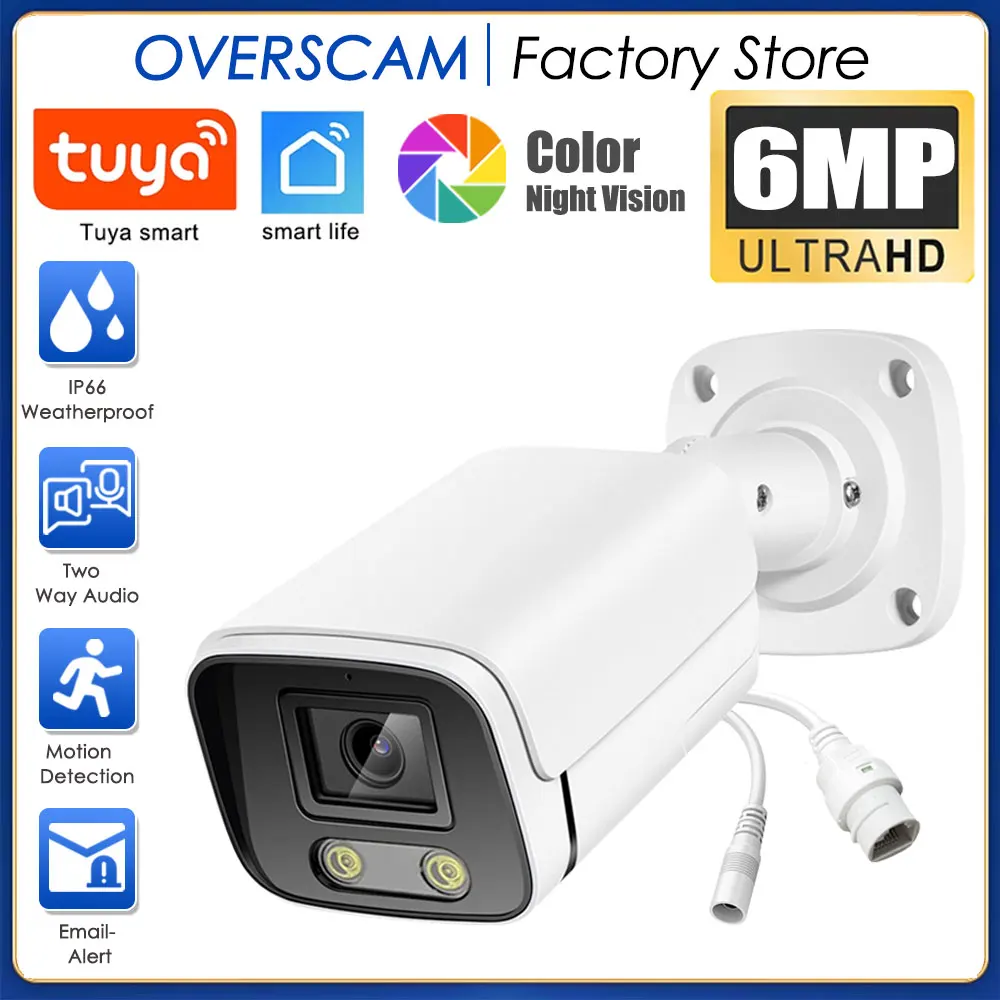 6MP Tuya IP Camera Outdoor POE Surveillance H.265 Two Way Audio CCTV Color Night Vision Camera For POE System Smartlife Home