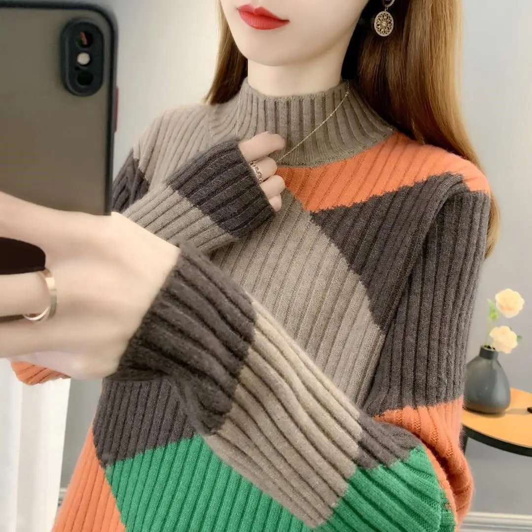 

Women Sweater Half High Collar Pullovers Autumn and Winter Sweaters New 2023 Long Sleeves Solid Rib Warm Female Clothes YL56