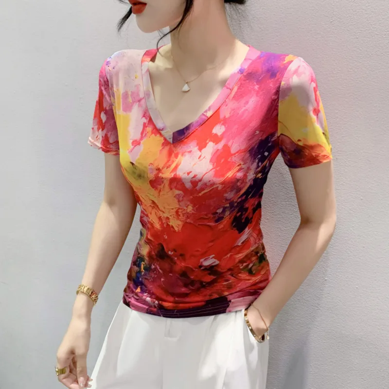 

#5830 Сетчатая футболка с принтом Tie Dye, облегающая винтажная уличная футболка с коротким рукавом и V-образным вырезом, женская сексуальная тонкая короткая футболка, лето 2024