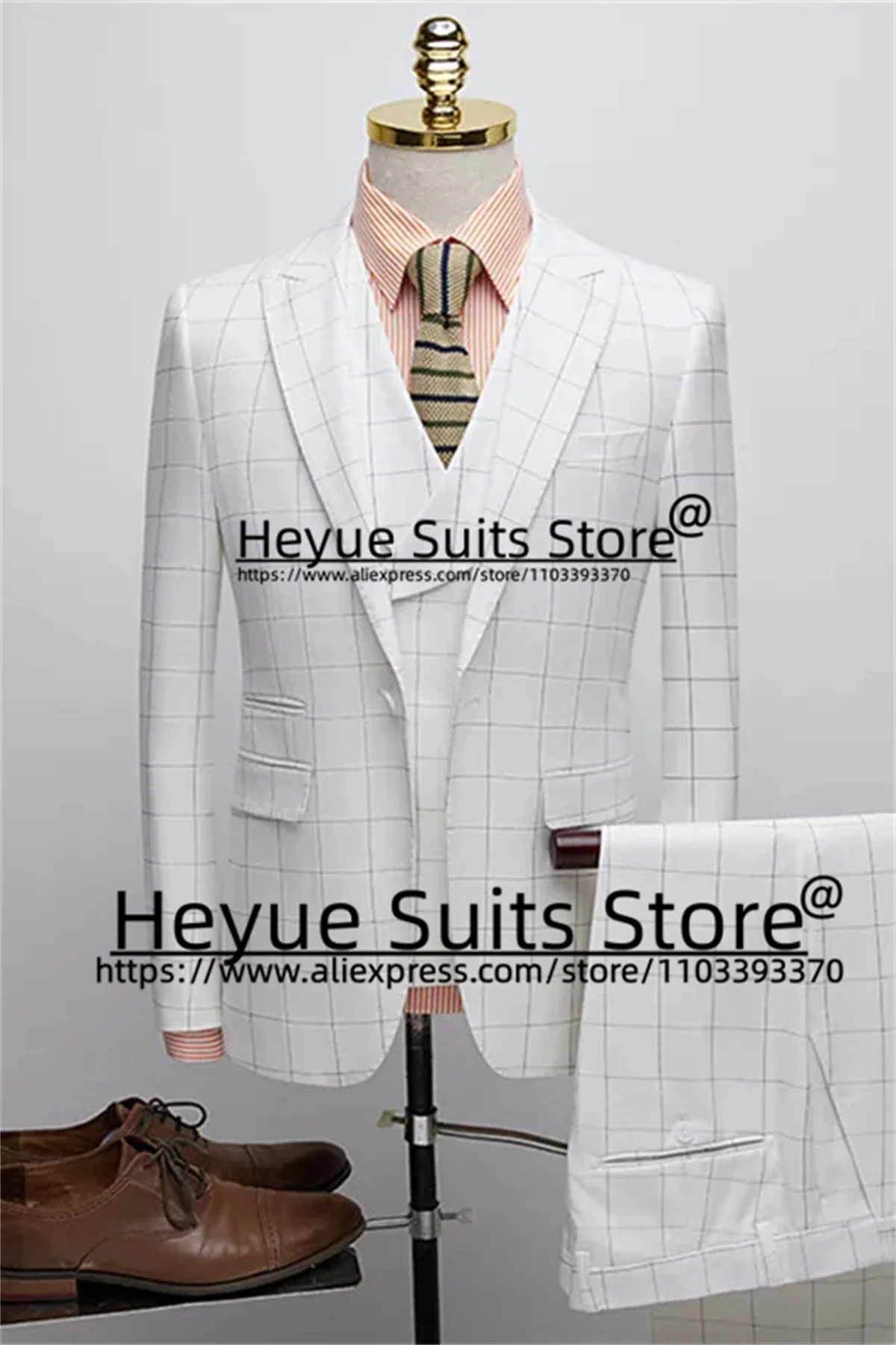 White Plaid Formal Men Suits Slim Fit Peak Lapel Groom Wedding Tuxedos 3 Pieces Sets Custome （xs——6xl）Male Blazer Costume Homme
