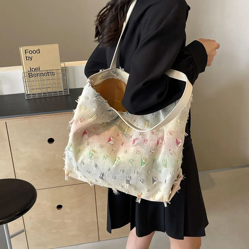 New Fashionable Denim Hole Torn Women's Tote Bag Popular Plaid Single Shoulder Dumpling Bag Star Pattern Versatile Multicolor