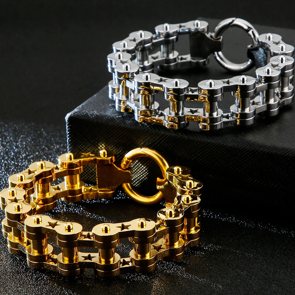 Pulsera De Acero Inoxidable Para Hombre - Cadena De Moto Pulida, 20.3 Cm, Regalo Con Bolsa De Terciopelo