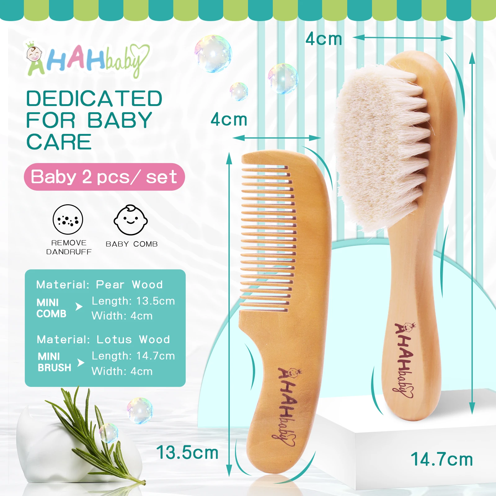 Baby Hair Brush And Comb Set For Newborn Massage Bath Shower Custom