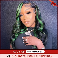 Highlight Black With Green 13x6 Transparent Lace Frontal Wigs Human Hair Wig For Women Brazilian Hair Glueless Full Lace Wigs