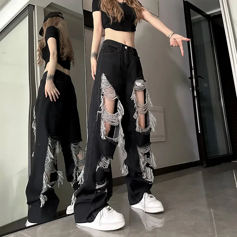 

Black Ripped Jeans Women Fashion Dark Academic Harajuku Y2K Irregular Pants American Loose Chic Gothic Bf Casual Demin Trousers