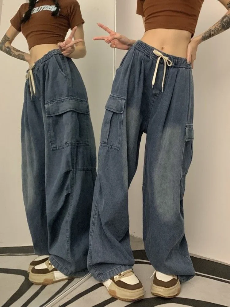 HOUZHOU Women Wide Leg Cargo Jeans Y2k Oversized Denim Trousers Vintage  Grunge Baggy Korean Streetwear Female Casual High Waist