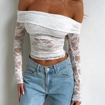 Women Floral Y2k Lace Long Sleeve Tops Low Cut Sheer Long Sleeve Pullovers Fitted Crop Shirt with Bra Summer Streetwear Clubwear
