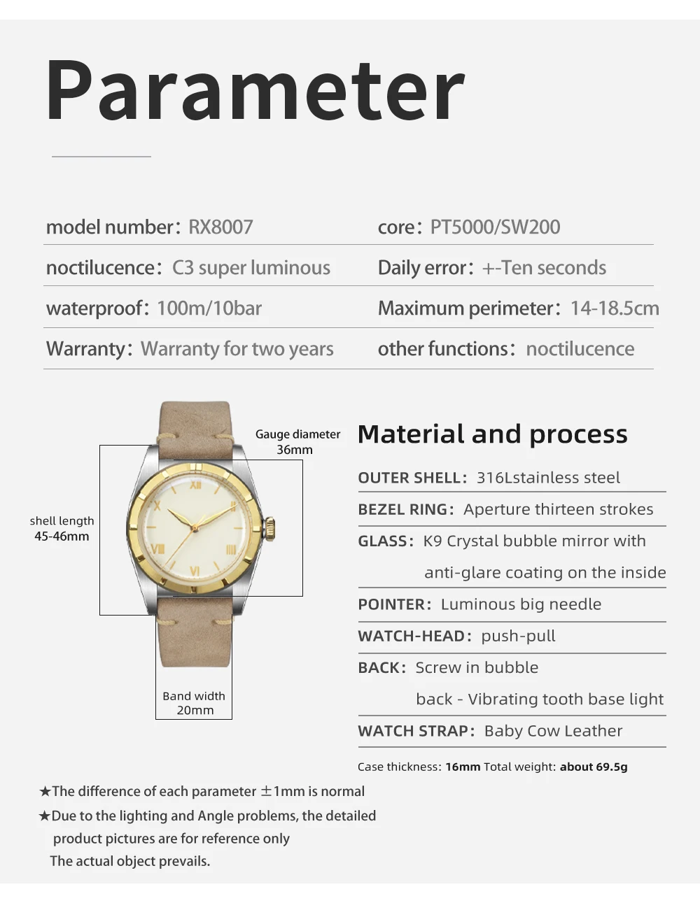 Hestur Automatic Mechanical movement SW200 Crystal Bubble Back C3 Luminous 36mm Couple Simple Antique Men's Watch