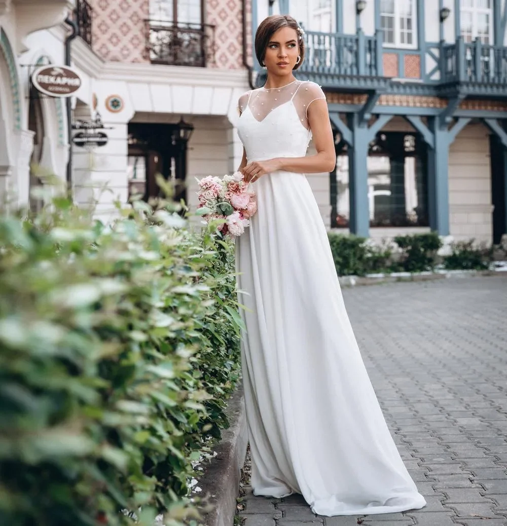 Wedding Dresses Elegant Ladies Minimalist Sexy Crew-Neck Pearl Floor Length Beach Garden Bridal Party Dress