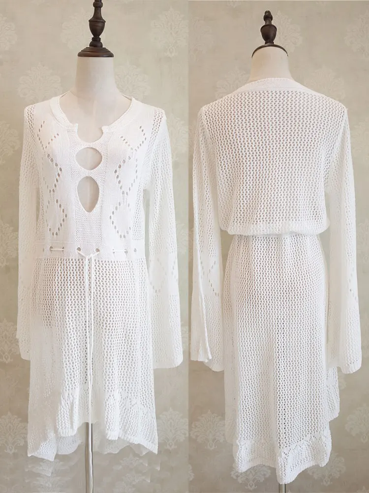 Women Beachwear Crochet Tunic Beach Wrap Dress Swimwear Swimsuit Cover-ups Sexy White Summer