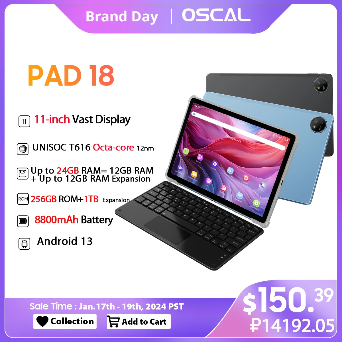Oscal Pad-Tableta 18 con pantalla FHD de 11 pulgadas, 24GB(12 + 12), 256GB, T616, ocho núcleos, batería de 8800mAh, cámara de 13MP, 4G, LTE, PC, estreno mundial
