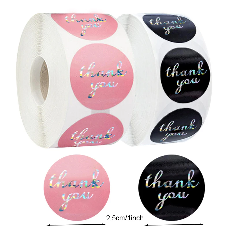 

500Pcs Laser Thank You Stickers Round Adhesive Label Small Business Sticker Pink Black Gift Package Sealing Label Boutiques Wrap