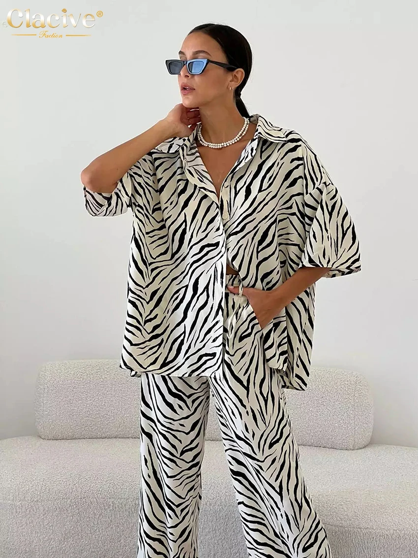 Clacive Summer Loose Zebra Print 2 Piece Sets Women Outfit 2023 Elegant Short Sleeve Shirts Matching High Waist Pants Set Female