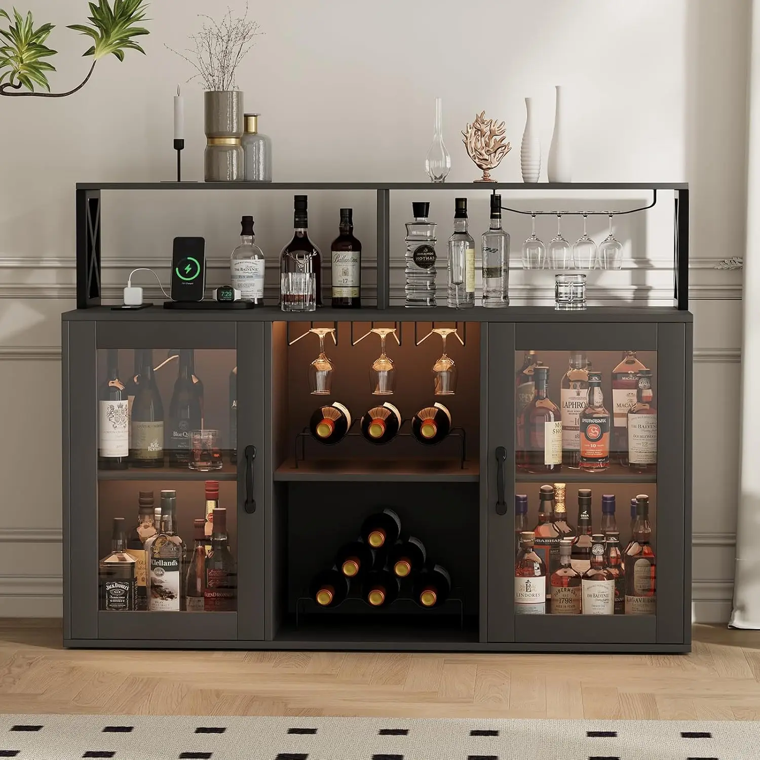 Bar Cabinet with Storage Shelves, Kitchen Sideboard Buffet Cabinet with LED Lights,Liquor Wine Rack & Goblet Holder