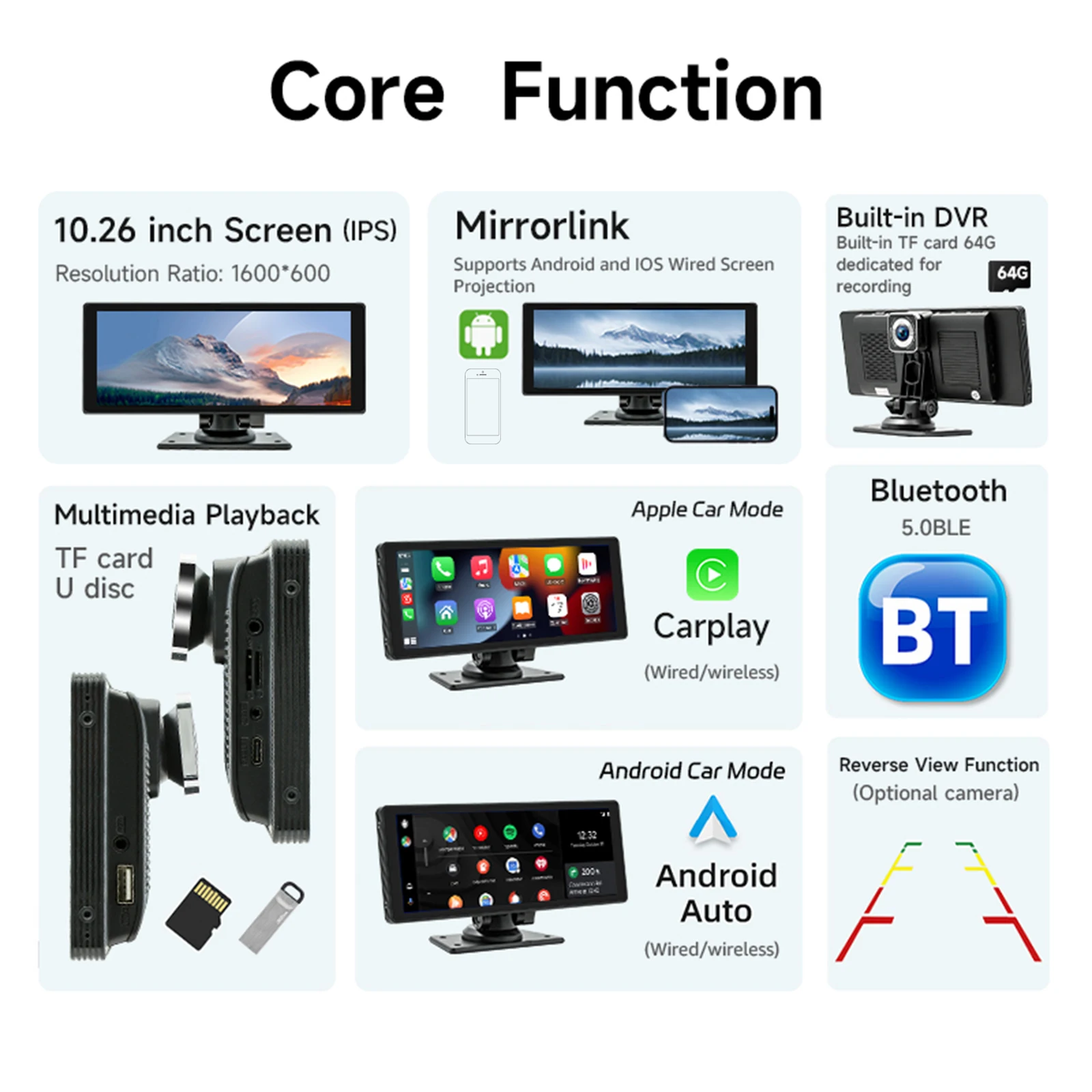 Car Recorder Camera 10.26-inch Multimedia Player Built-in DVR Carplay Auto Audio Car Stereo MP5 Bluetooth USB FM Speaker