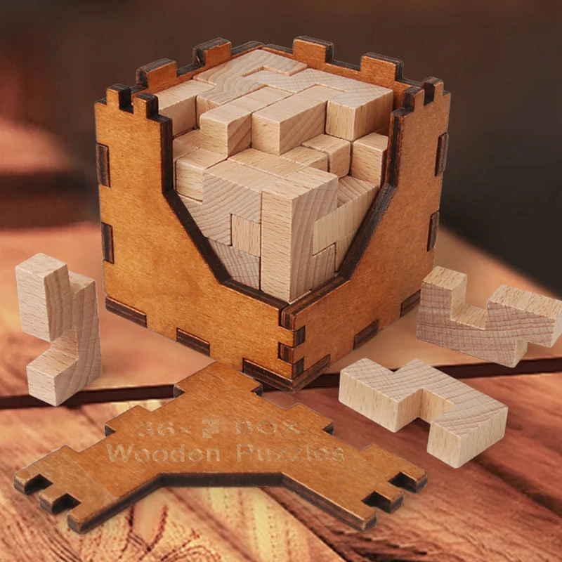 3D Wooden Logic Brain Teasers Cube Box Puzzles Game Mojo the 36 Why Box Wooden Puzzles Assemble Blocks into 1 Cube Puzzle Toys Puzzle Cube Magic Puzzle Cube