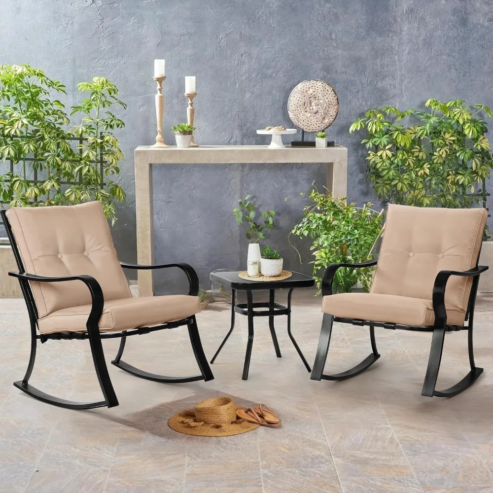 3-Piece Outdoor Rocking Chairs Bistro Set, Black Iron Patio Furniture with Brown Thickened Cushion & Glass-Top Coffee Table 4