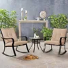3-Piece Outdoor Rocking Chairs Bistro Set, Black Iron Patio Furniture with Brown Thickened Cushion & Glass-Top Coffee Table 4