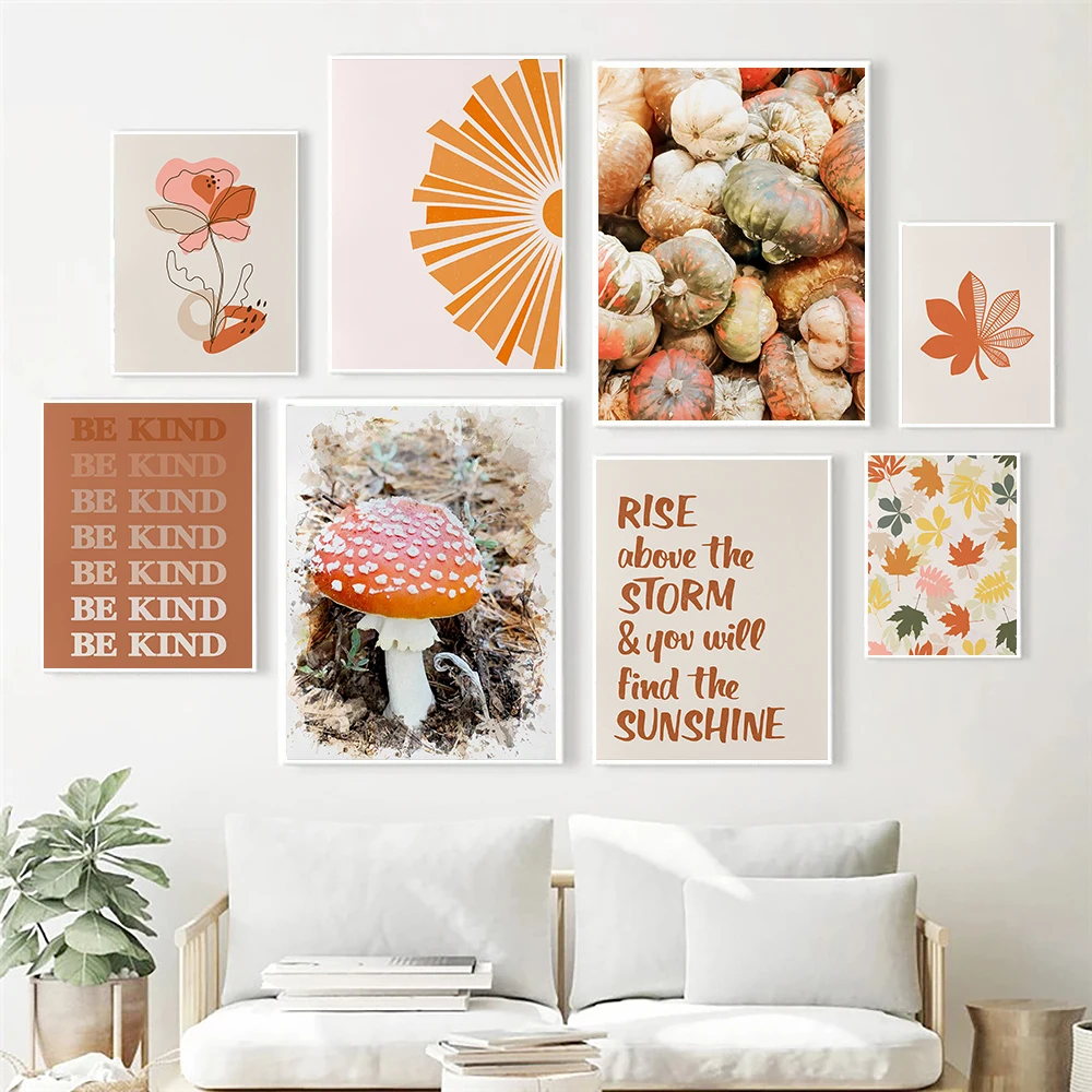 

Autumn Gallery Wall Art Canvas Painting Orange Boho Pumpkin Poster Fall Leaves Quote Print Pictures For Dorm Room Home Decor