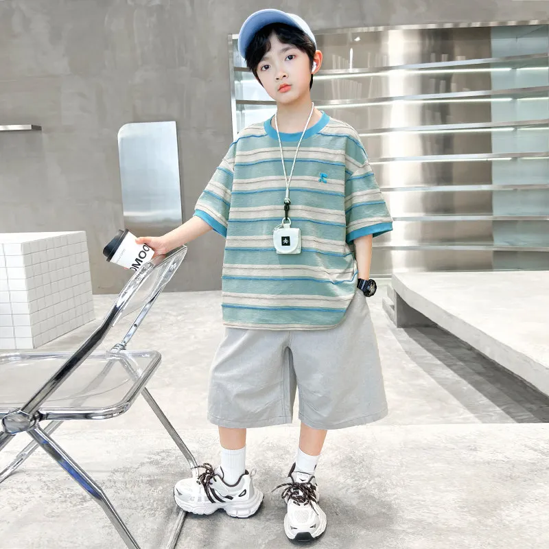 Boys Summer Outfit Set Striped Short Sleeve Sporty Thin Cool Casual Children's Clothing Two-Piece Set for Ages 4-17 - 2