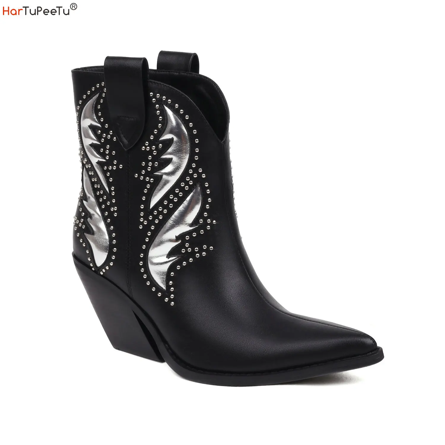 Cowboy Western Ankle Boots Women Black White Luxury 2023 Leather Shoes
