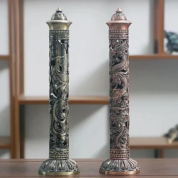 Retro Column Vertical Incense Burner Zen Buddha Heart Sutra Dragon Phoenix Vintage Pillar Incense Stick Holder Traditional Decor 1