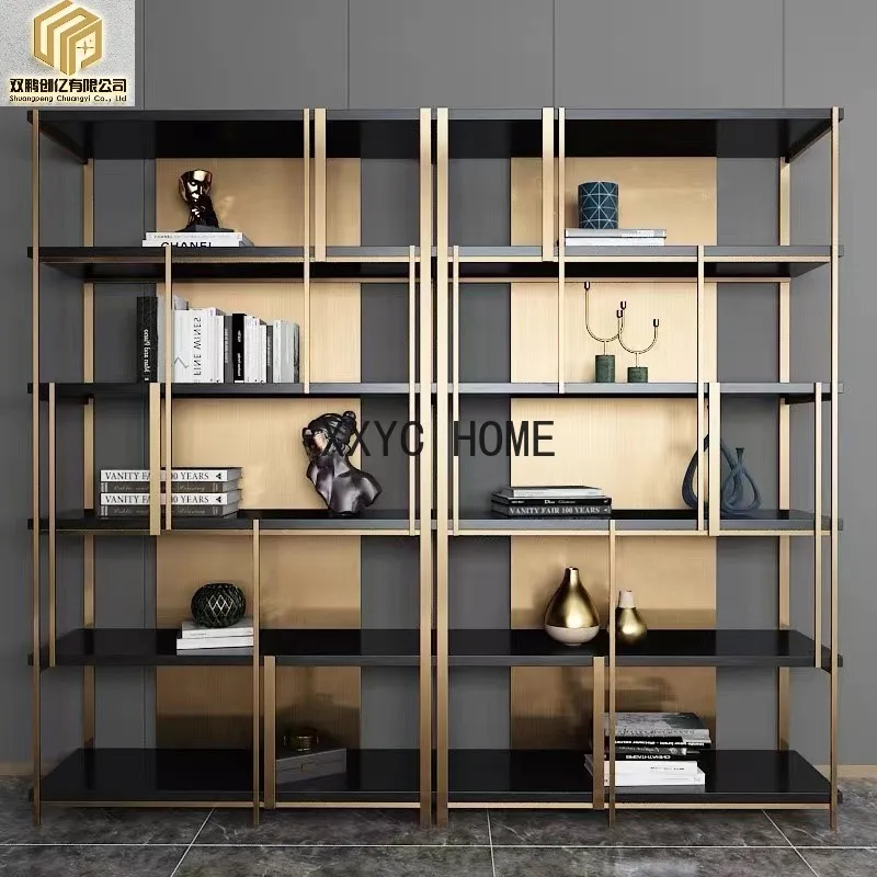 

Modern racks light luxury wind metal stainless steel bookshelves book cabinets landing Nordic display shelves living room partit