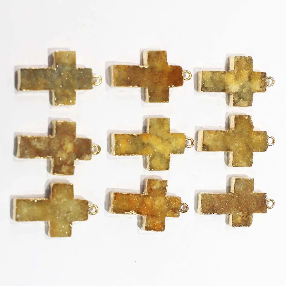 Free Shipping Natural Stone Yellow Agate Single Hole Cross Pendant DIY Gem Necklace Jewelry Making Accessories Wholesale 5Pc/Lot