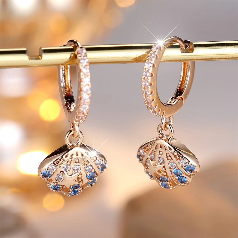Cute Scallop Blue Crystal White Zircon Hoop Earrings For Women Vintage Gold Color Ear Buckle Wedding Jewelry Bride Birthday Gift