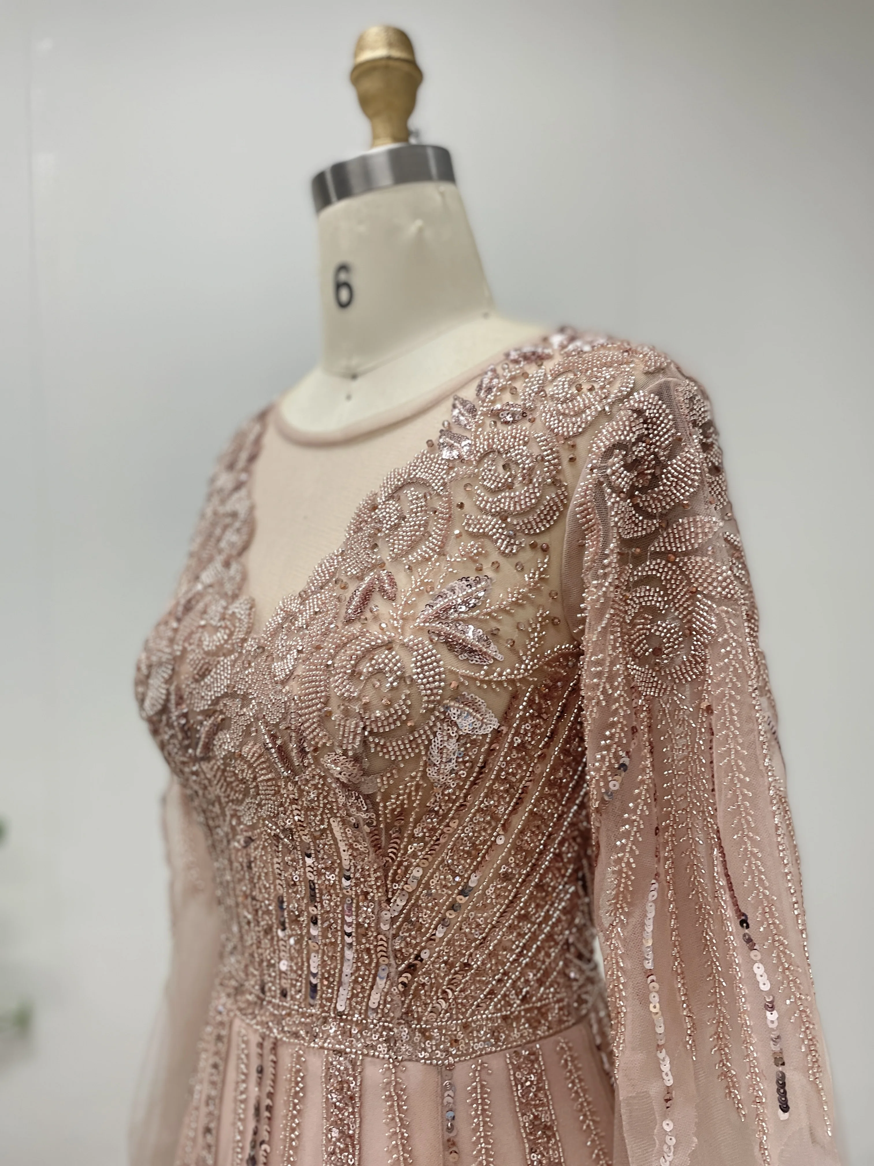 MYMB Luxuriöses, elegantes, rosafarbenes, perlenbesetztes arabisches Abendkleid in A-Linie mit Cape-Ärmeln für Damen, formelle Party-Abschlussballkleider, individuell MB40377 – Detail 5