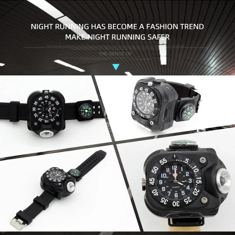 야외 충전식 LED 손목 조명 손으로 착용하는 눈부심 손전등 시계 기능 실리콘 조명 야간 달리기 방어