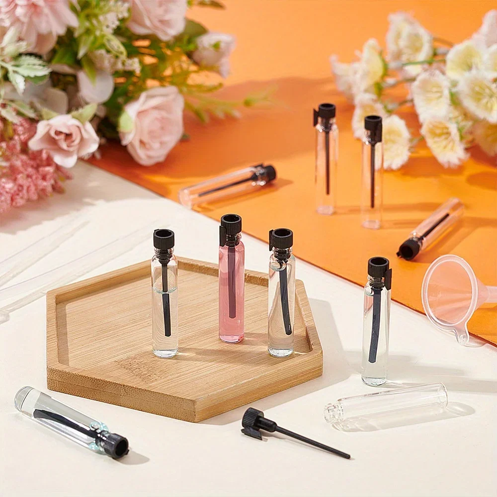 100Pcs+10 Accessories 1ml Glass Refillable Perfume Sample with 100 Dropper Bottles, 10 0.5ml Pipettes