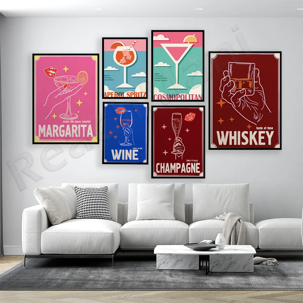 Classico, Elegante Cocktail Martini Vodka Champagne Whisky Cognac, Vino Cosmopolita, Minimalista Cocktail Poster Kitchen Decor