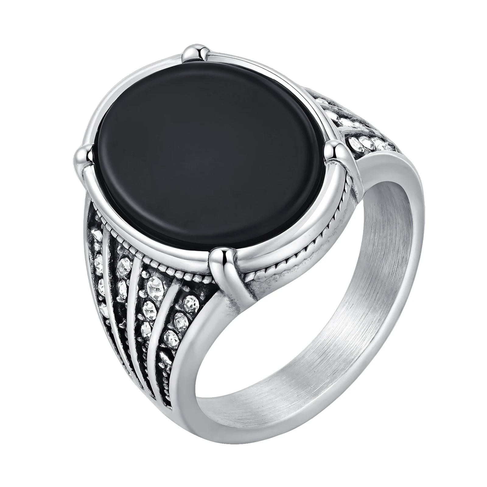Vintage geometrische Natursteinringe für Männer, schwarzer ovaler Onyx, Edelstahlring, strukturierter Siegel, modischer Punk-Schmuck, Geschenk