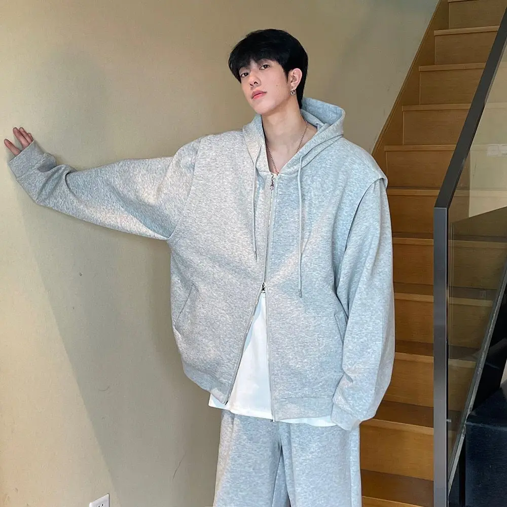 Autumn Korean Version Short Hoodies Sweatshirts for Men Cotton Solid Color Loose Sports Casual Zipper Cardigan Couple Hoodie